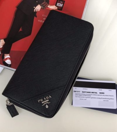 Replica Prada Saffiano Long Wallet Black Silver - near-authentic luxury replica handbag