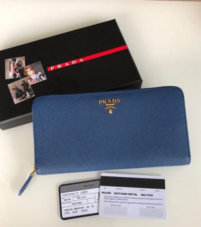 Replica Prada Saffiano Long Zipper Wallet Blue - high-accuracy replica luxury purse
