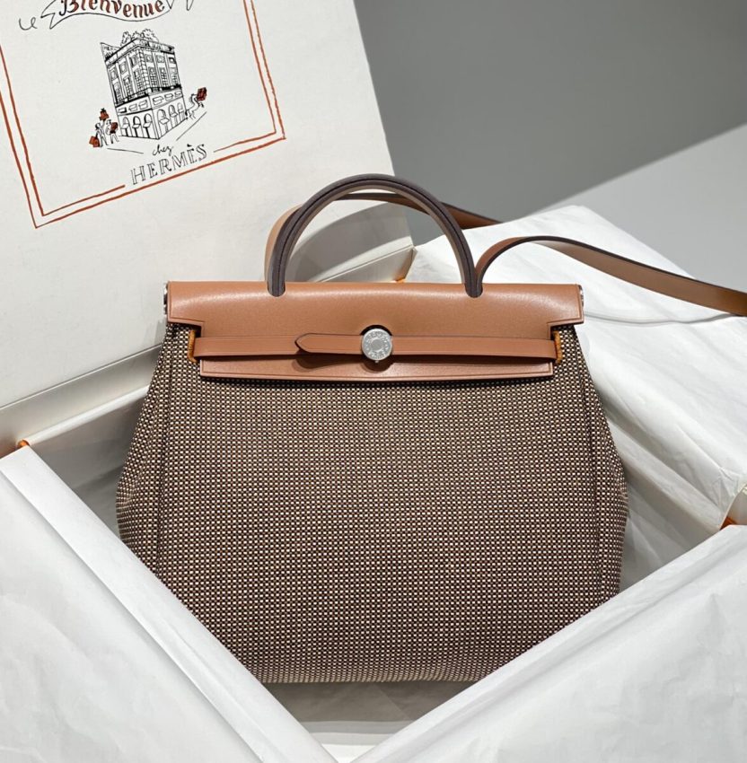 Replica Hermes Herbag 31cm Brown Plaid - top-tier luxury replica shoulder bag