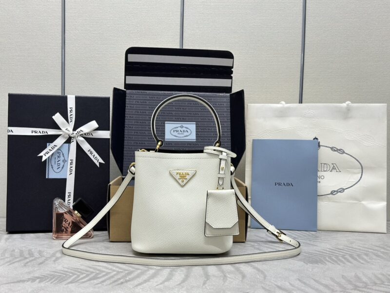 Replica Prada Saffiano Black Bucket White - near-authentic luxury replica handbag