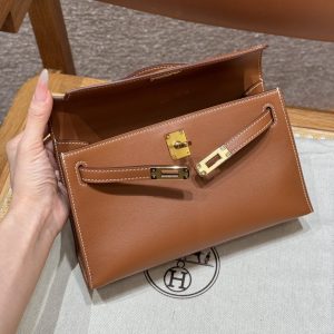 Replica Hermes Kelly Pochette Swift Brown - top-rated replica designer bag
