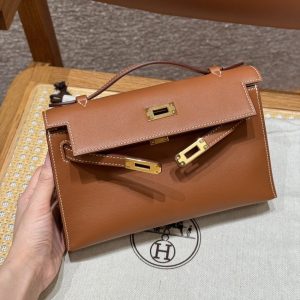 Replica Hermes Kelly Pochette Swift Brown - high-end fake designer purse